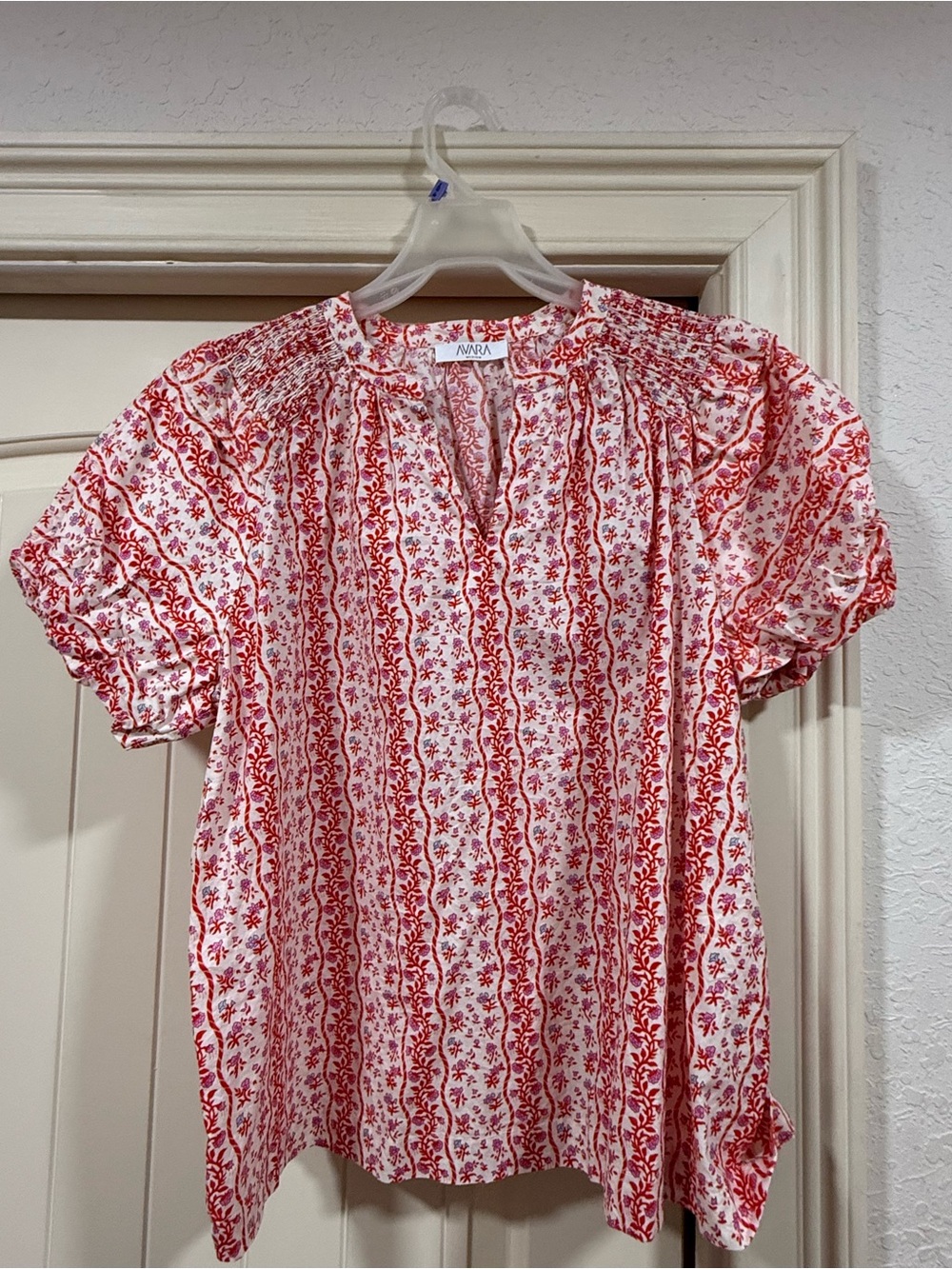 Avara Red Floral Short Sleeve Peasant Blouse
